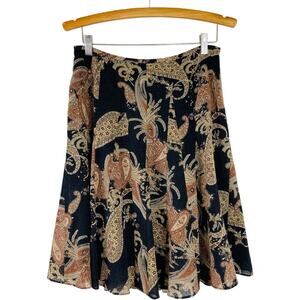 Anne Klein black tan paisley wool floral pleated midi skirt 6